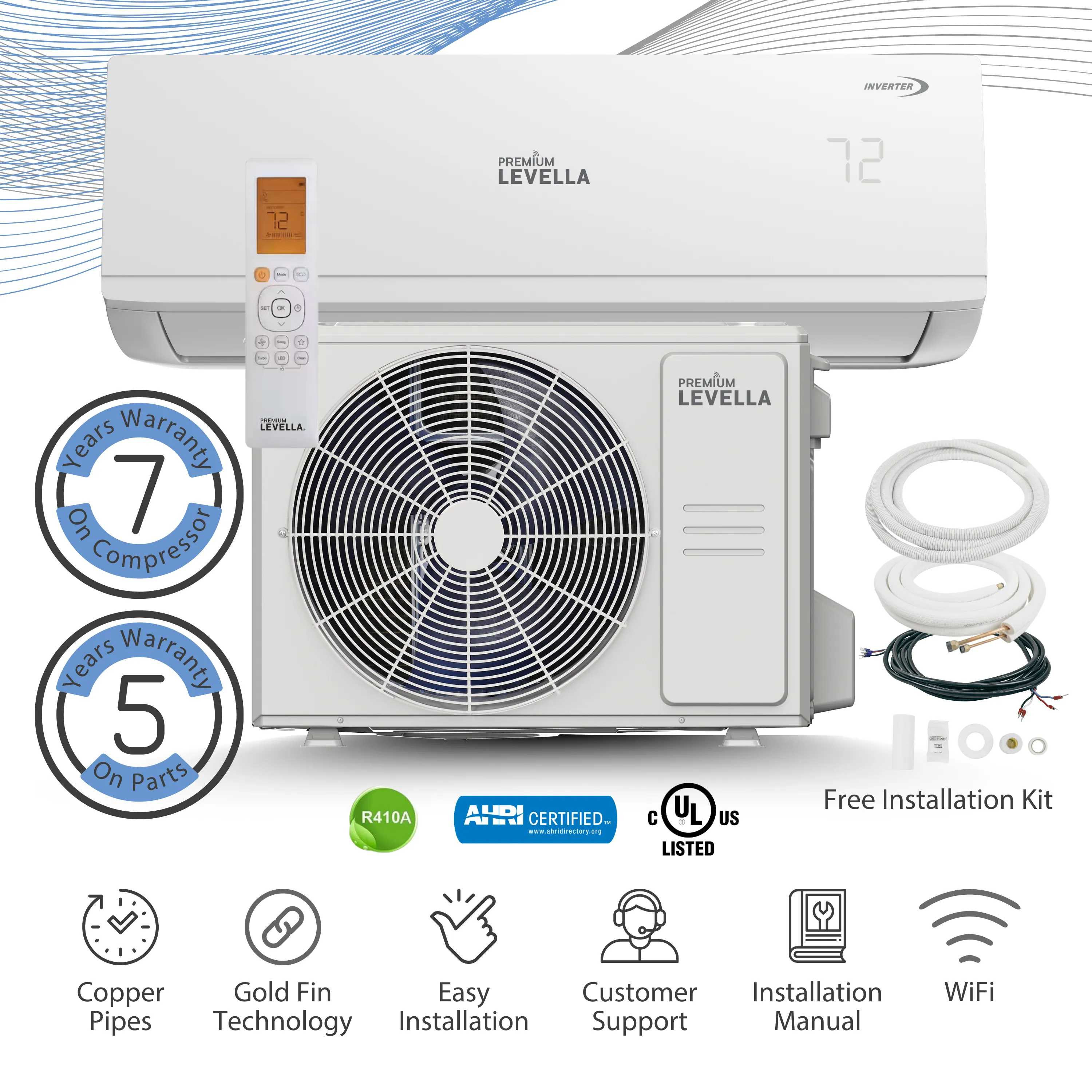 Premium Levella® 12,000 BTU 17.40 SEER2 Ductless Mini-Split Inverter  Air Conditioner Heat Pump System Full Set 110V. WIFI Included.