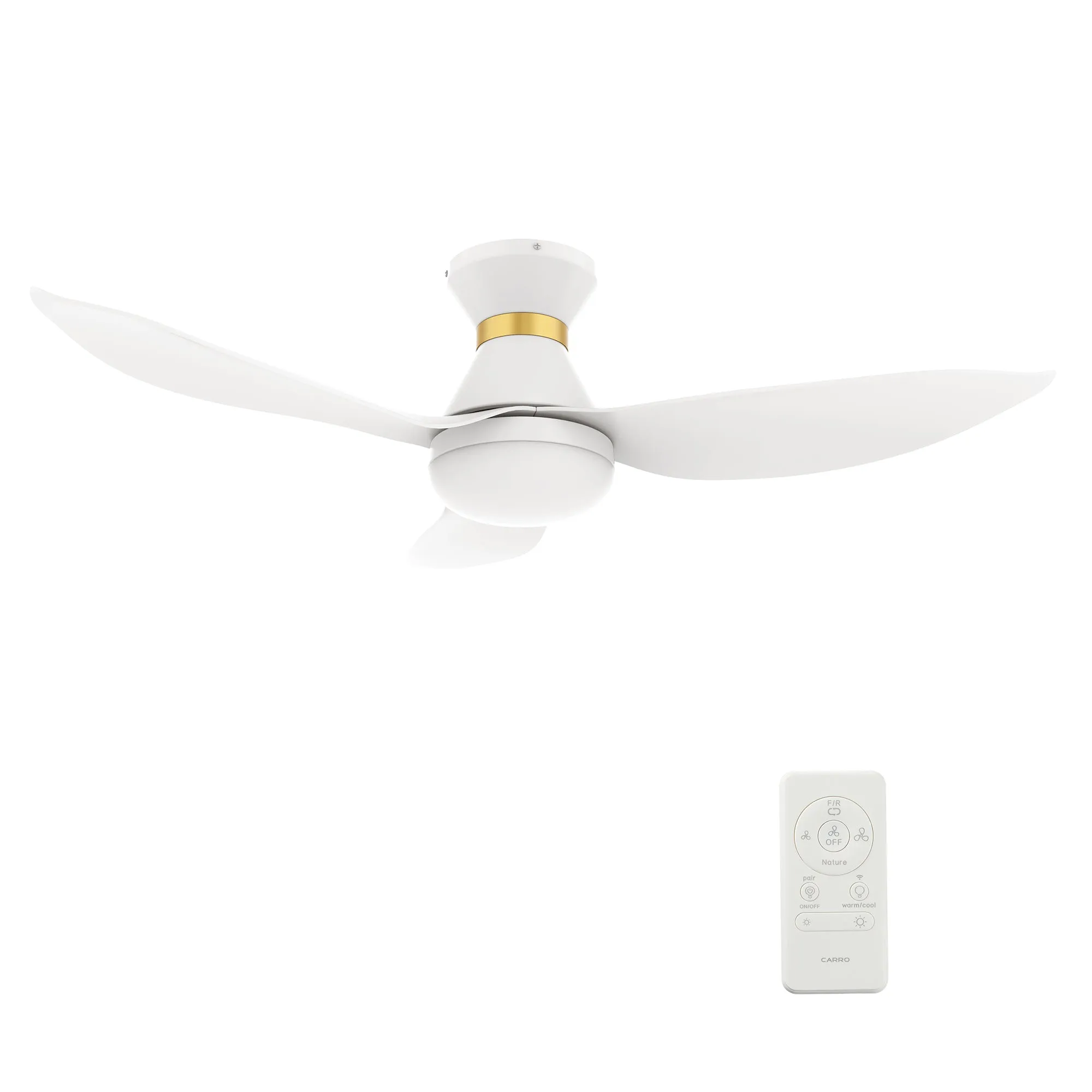 RYATT 45 inch 3-Blade Flush Mount Smart Ceiling Fan with LED Light Kit & Remote- White/White (Gold Detail)