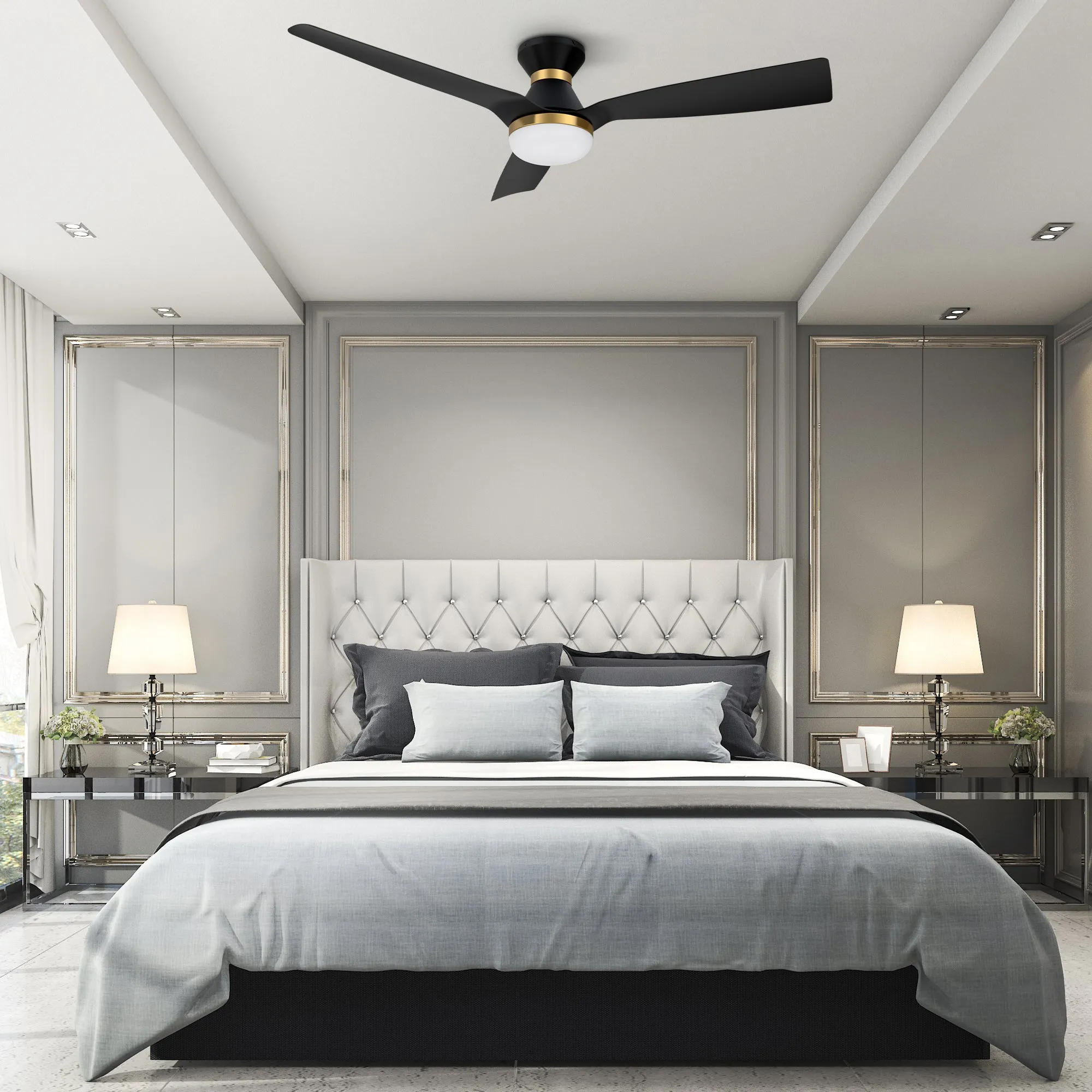 SPEZIA 52 inch 3-Blade Flush Mount Smart Ceiling Fan with LED Light Kit & Remote - Black/Black (Gold Detail)