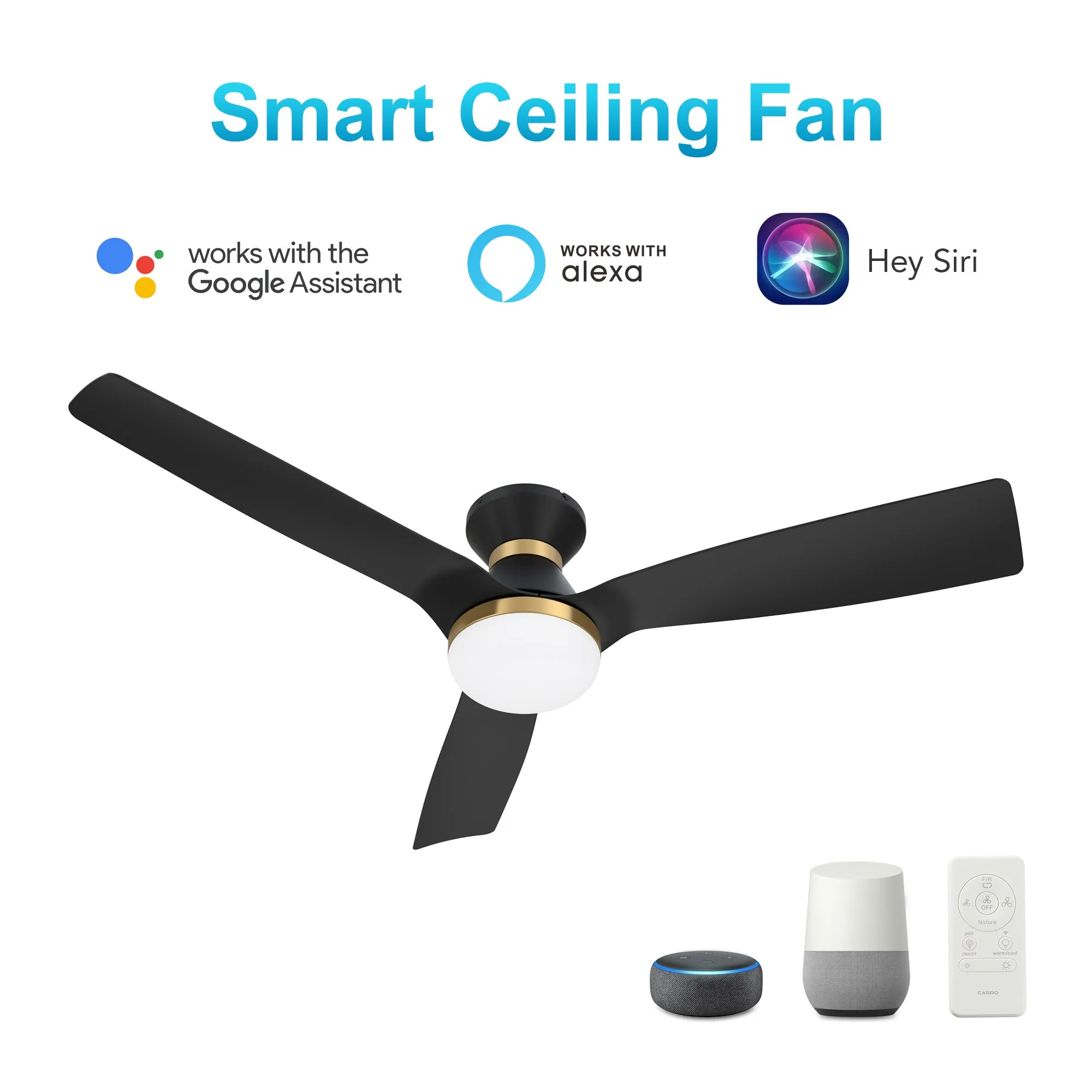 SPEZIA 52 inch 3-Blade Flush Mount Smart Ceiling Fan with LED Light Kit & Remote - Black/Black (Gold Detail)