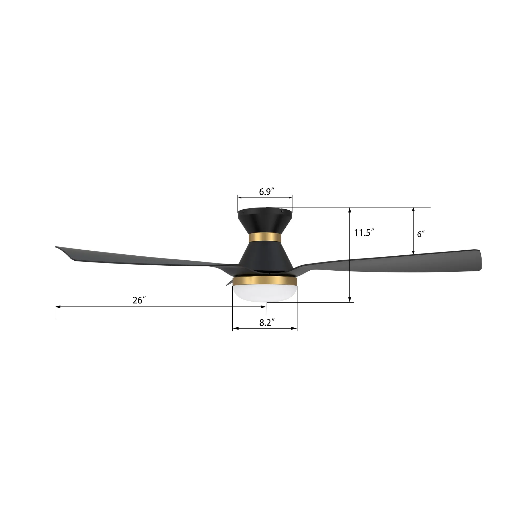 SPEZIA 52 inch 3-Blade Flush Mount Smart Ceiling Fan with LED Light Kit & Remote - Black/Black (Gold Detail)