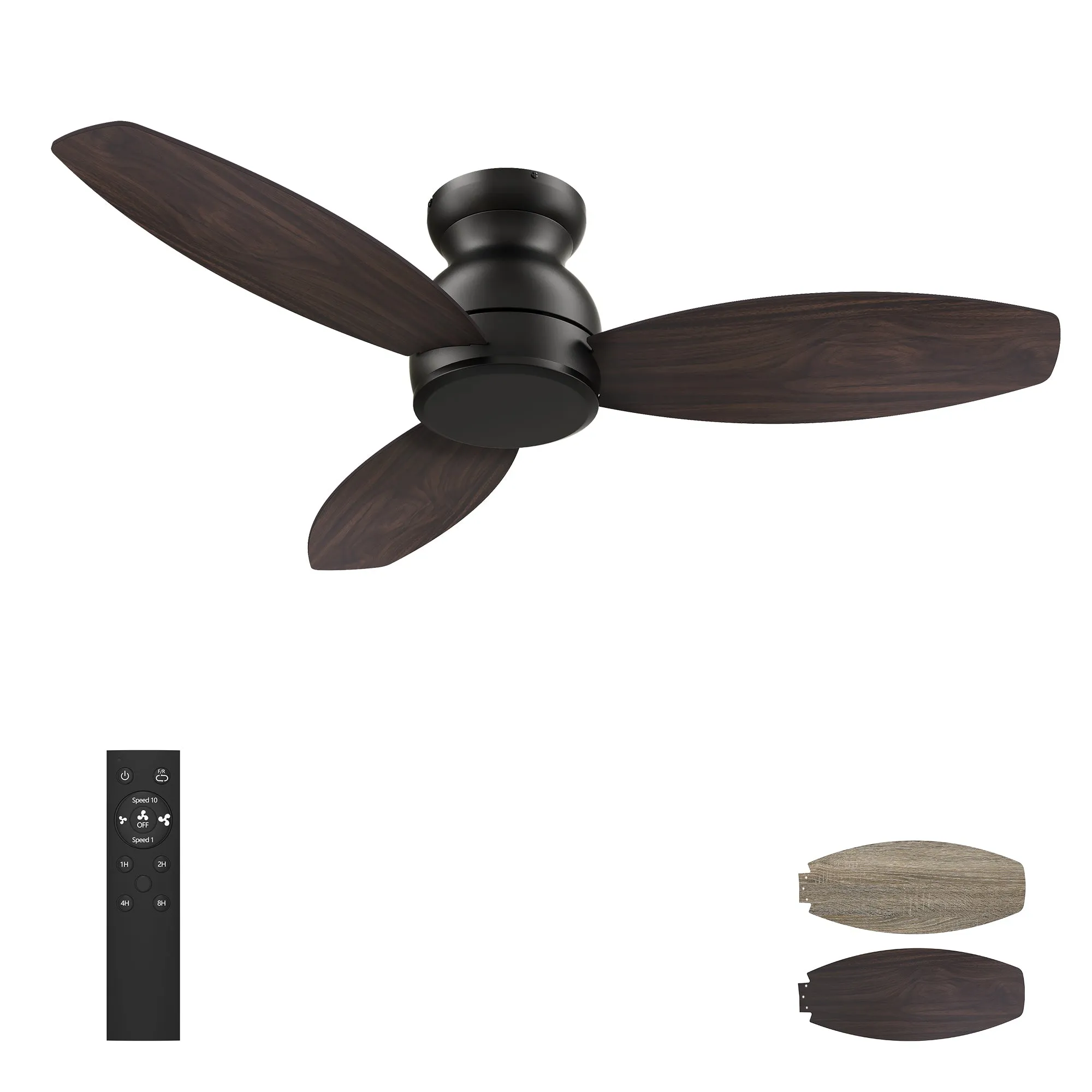 STANLEY 48 inch 3-Blade Flush Mount Ceiling Fan with Remote Control - Black/Wood & Walnut Reversible Blades (No Light)