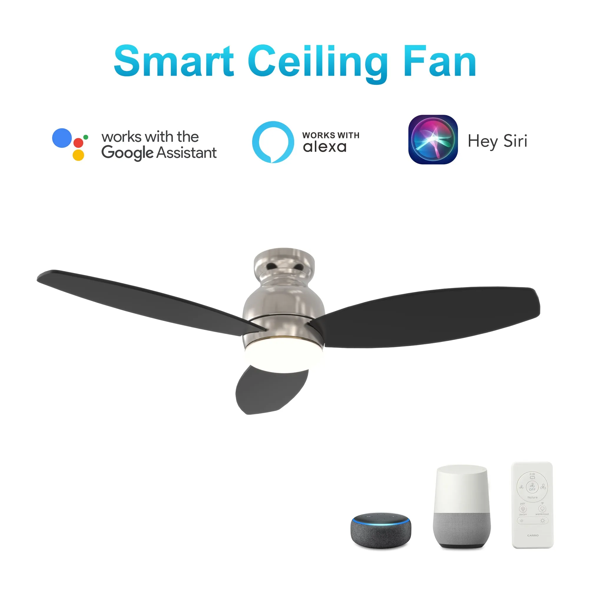 TRENTO 48 inch 3-Blade Flush Mount Smart Ceiling Fan with LED Light Kit & Remote- Silver/Black