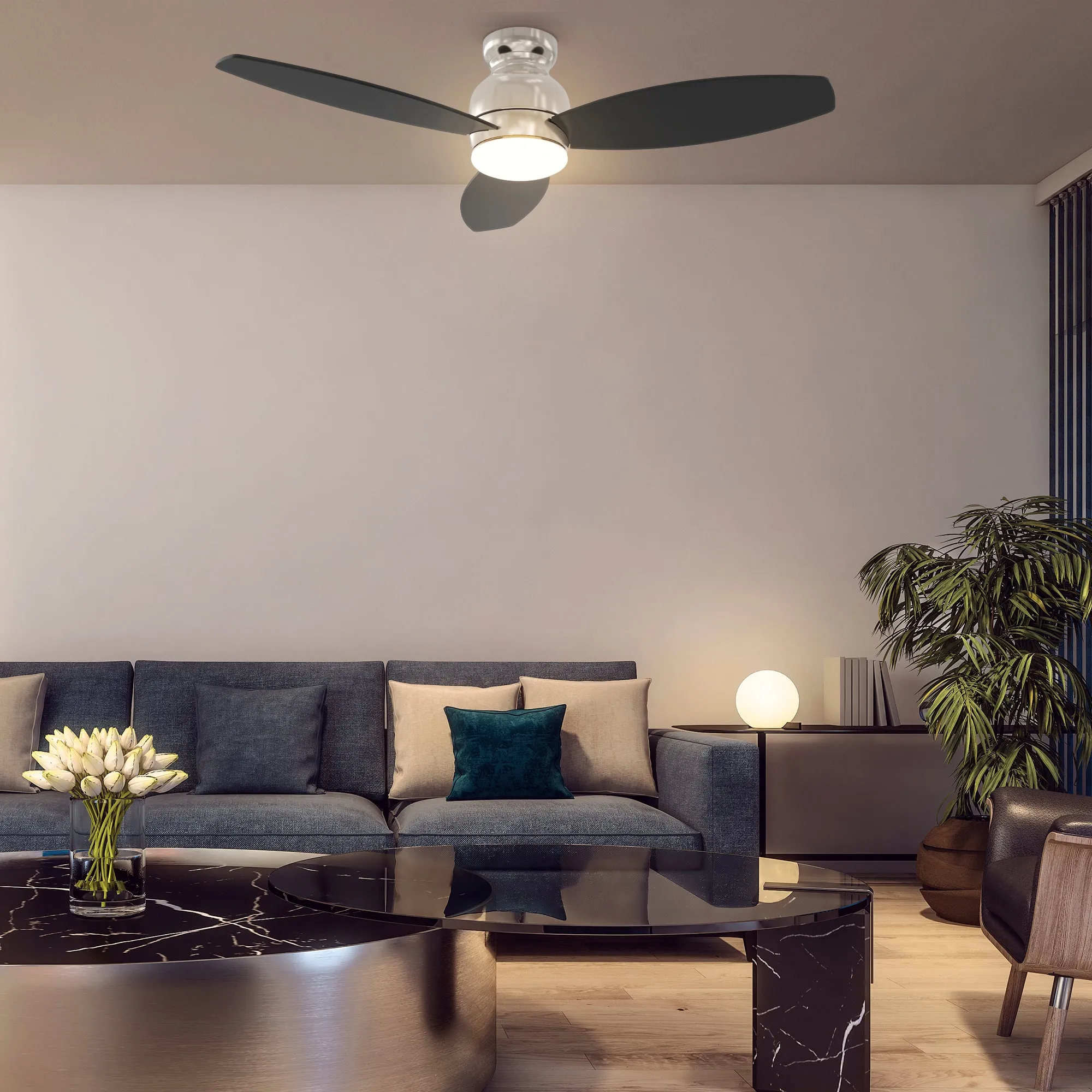 TRENTO 48 inch 3-Blade Flush Mount Smart Ceiling Fan with LED Light Kit & Remote- Silver/Black