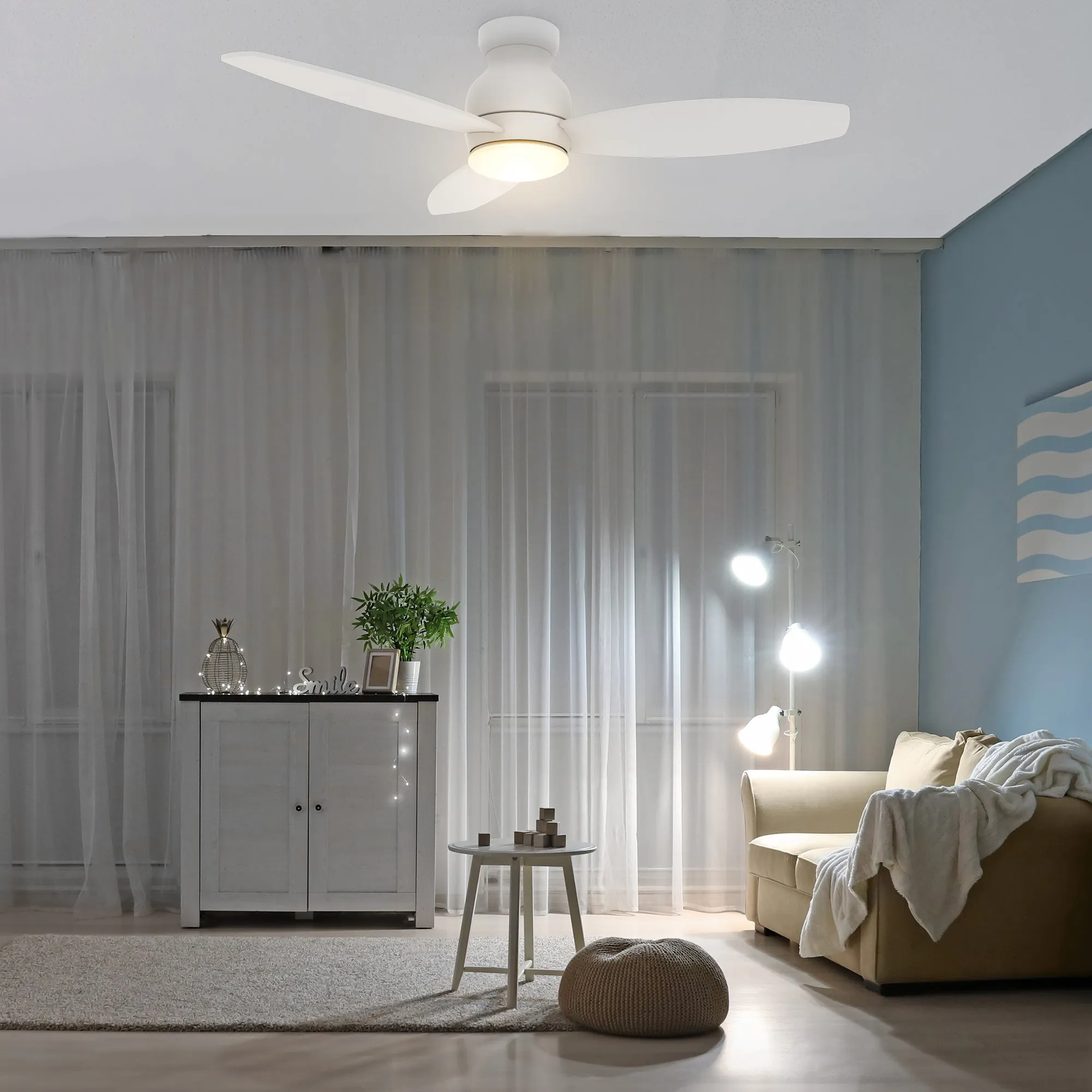 TRENTO 48 inch 3-Blade Flush Mount Smart Ceiling Fan with LED Light Kit & Remote - White/White