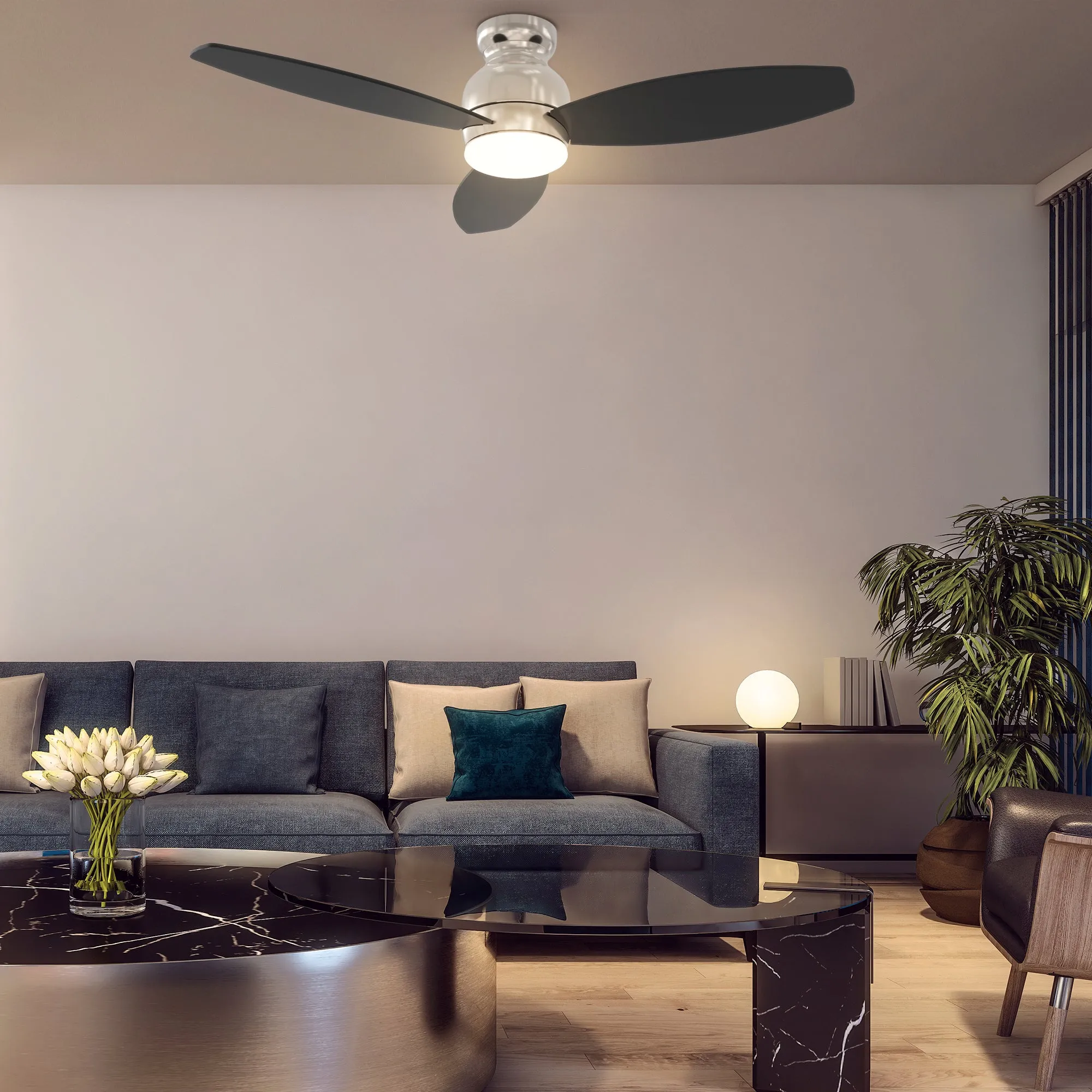 TRENTO 52 inch 3-Blade Flush Mount Smart Ceiling Fan with LED Light Kit & Remote- Silver/Black