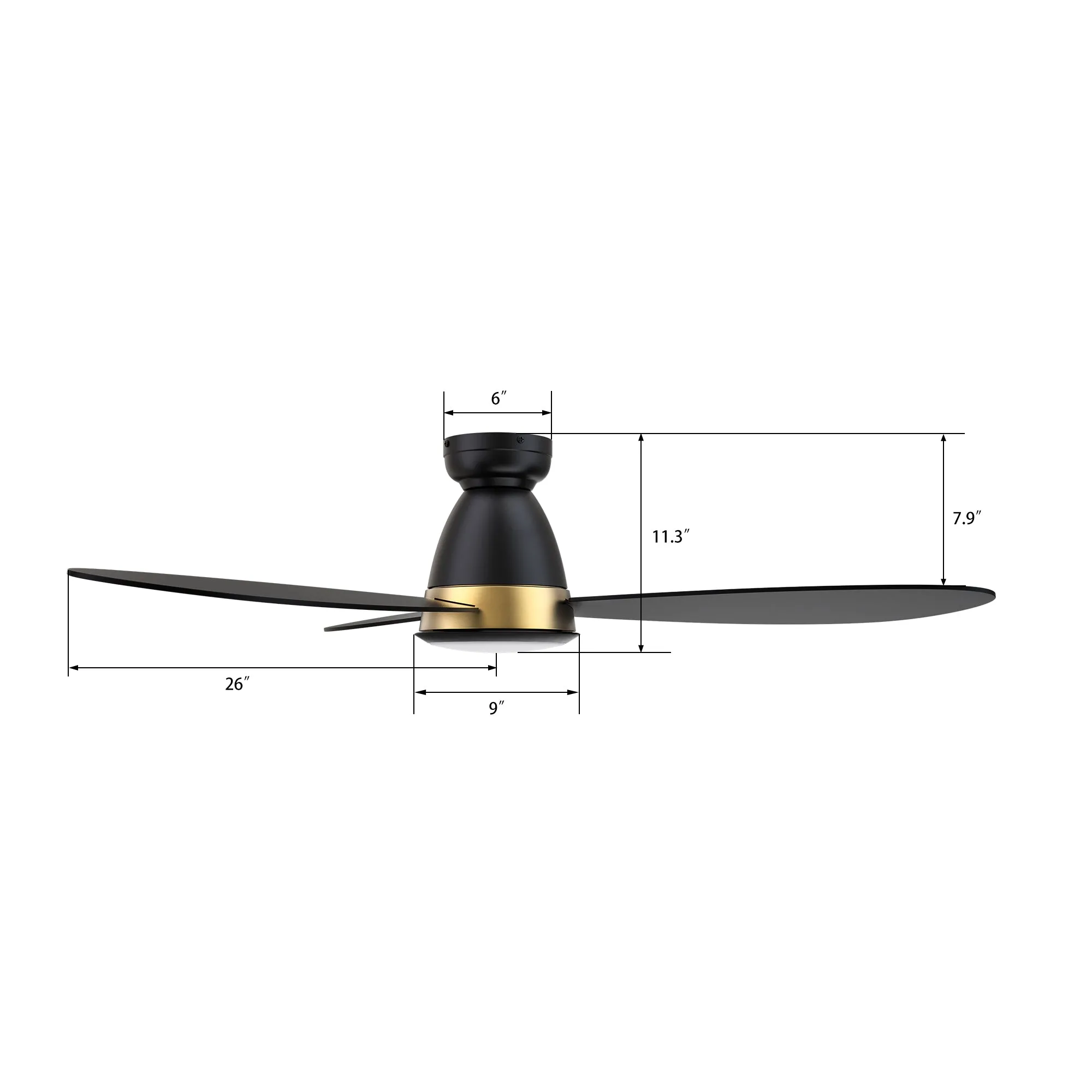 YORK 52 inch 3-Blade Flush Mount Smart Ceiling Fan with LED Light Kit & Remote Control- Black (Gold Details)